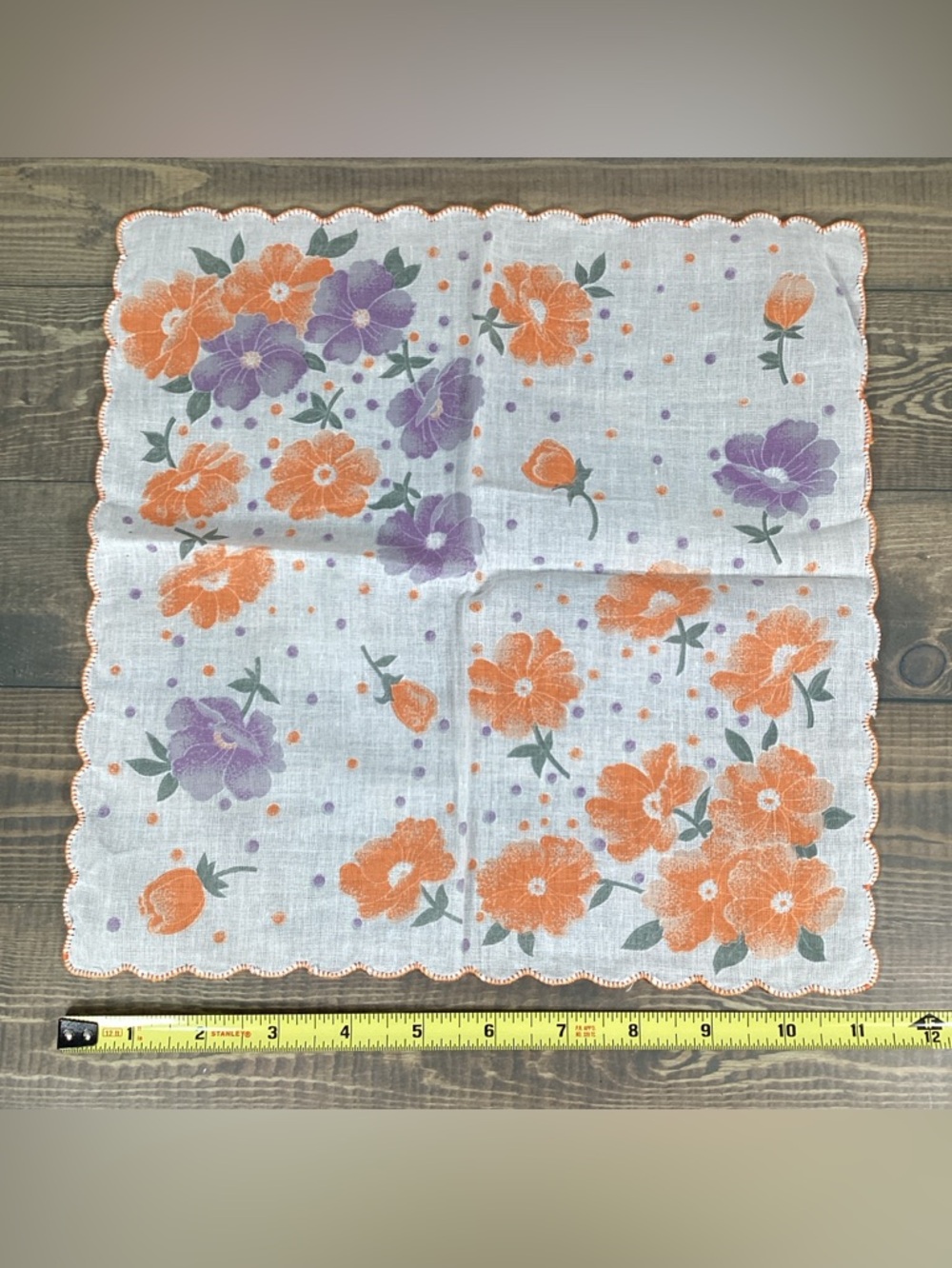 5 Vintage Lady’s Handkerchief Hankies Orange & Purples, White, Floral, Oriental - Picture 2 of 16